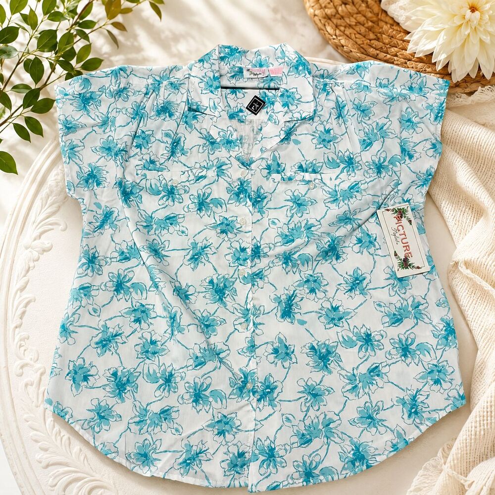 PICTURE Perfect Women's Blue Floral Button-Up Short Sleeve Blouse Top Size L